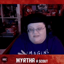 an advertisement for myrtha a scout shows a woman wearing glasses and a blue shirt