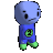 a pixel art of a blue cartoon character with green pants and a green belt .