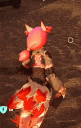 a video game character with pink hair and horns is walking down a street .