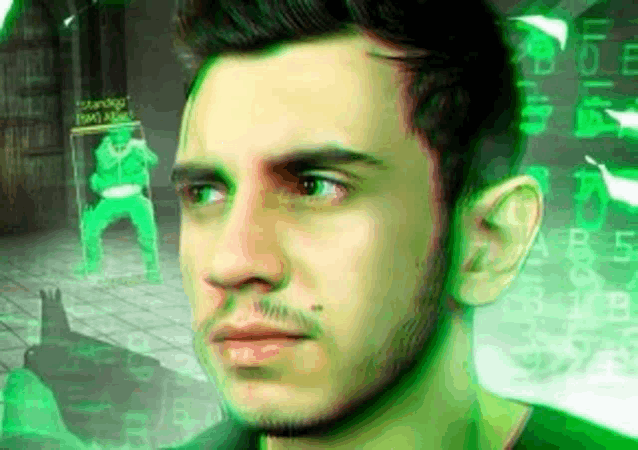 a man with a beard is looking at something in a video game .