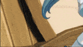 a girl with blue hair is standing next to a wooden barrel .
