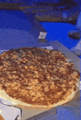 a pizza sitting on top of a cardboard box