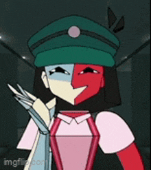 a cartoon character with two faces wearing a green hat and a pink dress .