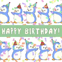a happy birthday card with penguins and confetti