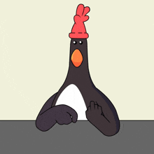 a cartoon penguin with a red hat on its head giving the middle finger