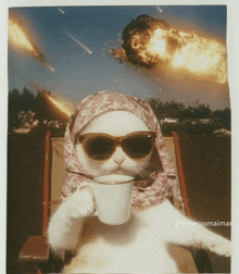 a white cat wearing sunglasses and a scarf is holding a cup of coffee