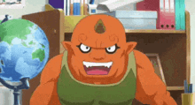 a cartoon character with a horn on his head is standing in front of a desk with a globe in the background .
