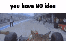 a cat is driving a race car on a track with the words `` you have no idea '' written above it .