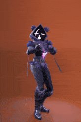 a person in a purple outfit with a face on it making a heart shape with their hands