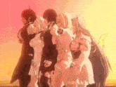 a group of anime characters are standing next to each other in front of a sunset .