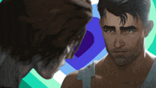a man and a woman are looking at each other with a blue heart in the background
