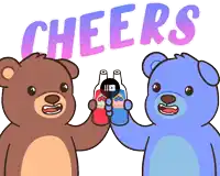 a cartoon of two teddy bears toasting with drinks and the word cheers behind them