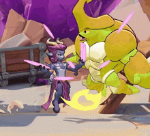a cartoon character with horns is fighting a monster with pink feathers