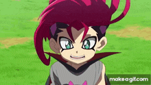 a young boy with red hair and blue eyes is wearing a gray shirt and a black cape .