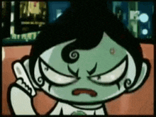 a cartoon character with a swirl on his head is giving the middle finger .