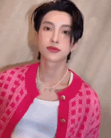 a close up of a person wearing a pink sweater and a necklace .