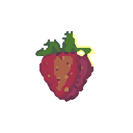 a pixel art drawing of a strawberry with a green stem and leaves on a white background .