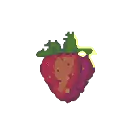 a pixel art drawing of a strawberry with a green stem and leaves on a white background .