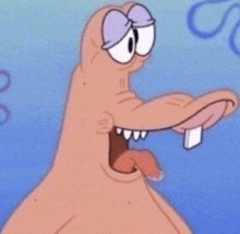 a close up of patrick star from spongebob squarepants with his tongue out .