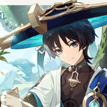 a drawing of a boy with blue hair and a hat holding a cat