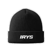 a black beanie with the word irys embroidered on it