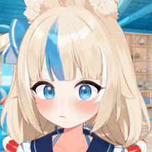 a girl with blonde hair and blue eyes has a cat ear on her head