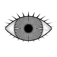 a black and white drawing of a eye with spikes