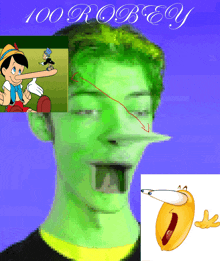 a cartoon drawing of a man with green hair and the words 100 robey