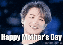 a young man is smiling with the words happy mother 's day written below him
