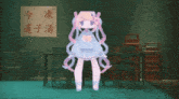 a cartoon girl is standing in front of a table and chairs in a restaurant .