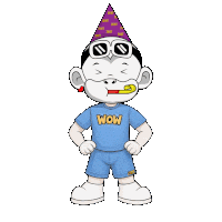 a cartoon character wearing a blue wow shirt and shorts