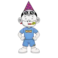 a cartoon character wearing a blue wow shirt and shorts