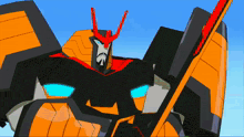 a black and orange robot with blue eyes is holding a red sword
