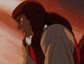 a cartoon of a man with long brown hair and a red scarf around his neck