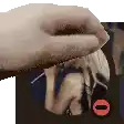 a hand is holding a picture of a woman 's face .