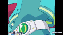 a close up of a cartoon character 's belt with the words sasi sage written on the bottom