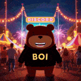 a bear wearing a black shirt that says boi stands in front of a discord sign