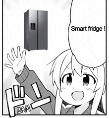 a black and white drawing of a girl waving in front of a refrigerator that says " smart fridge "