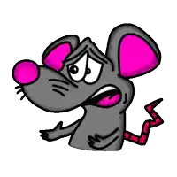 a cartoon mouse with pink ears and a red tail looks scared
