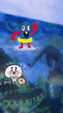 a cartoon character is swimming in the ocean with a yellow ring around his waist