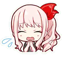 a cartoon of a girl with pink hair and a red bow on her head .
