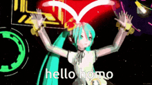 hatsune miku is dancing in a video game with the words hello homo written on the bottom .