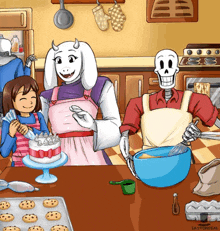 a cartoon of a family preparing food in a kitchen .