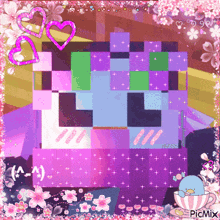 a picture of a minecraft character with a pink and purple border