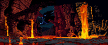 a pixel art illustration of a cave with lava and lightning