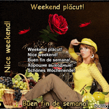 a woman in a yellow shirt sits in front of a basket of grapes and a red rose