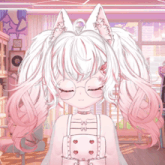 a girl with white hair and pink ponytails is wearing glasses and a choker