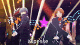 two anime characters are dancing in front of a pink star and the word asperse is on the bottom right