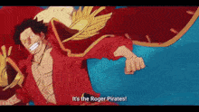 a man in a red jacket is flying through the air and says it 's the roger pirates .