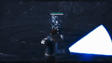 a person in a video game is standing in front of a blue circle with two red bars on it